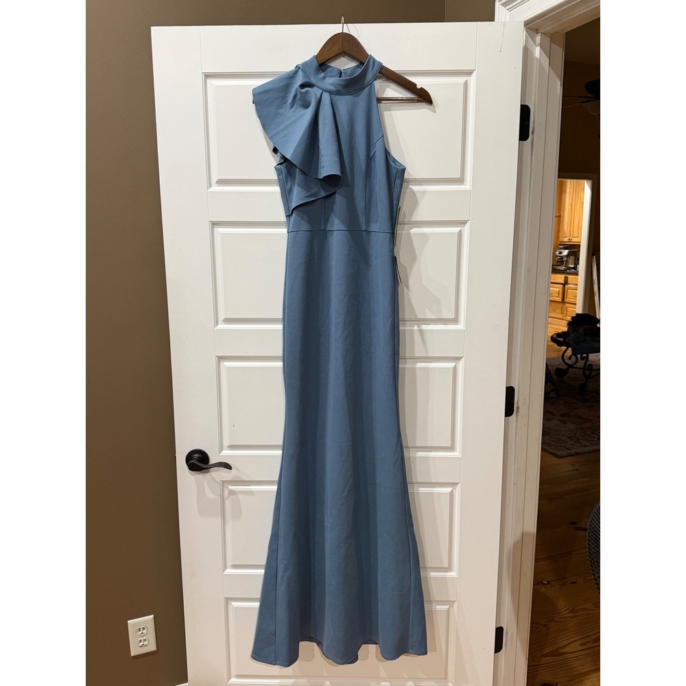 Lulus Slate Blue Margaux One Shoulder Ruffle Maxi Dress Size Small Formal - Picture 2 of 10